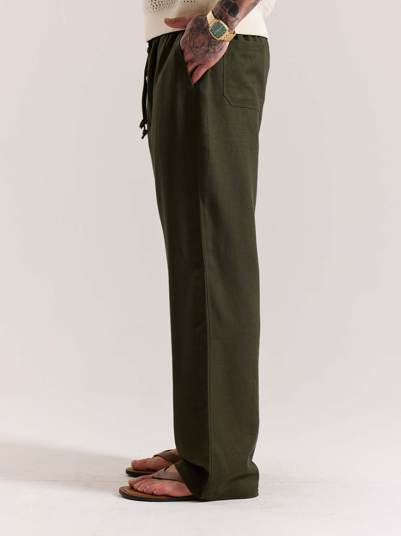Olive Green Linen Pull-on Pants