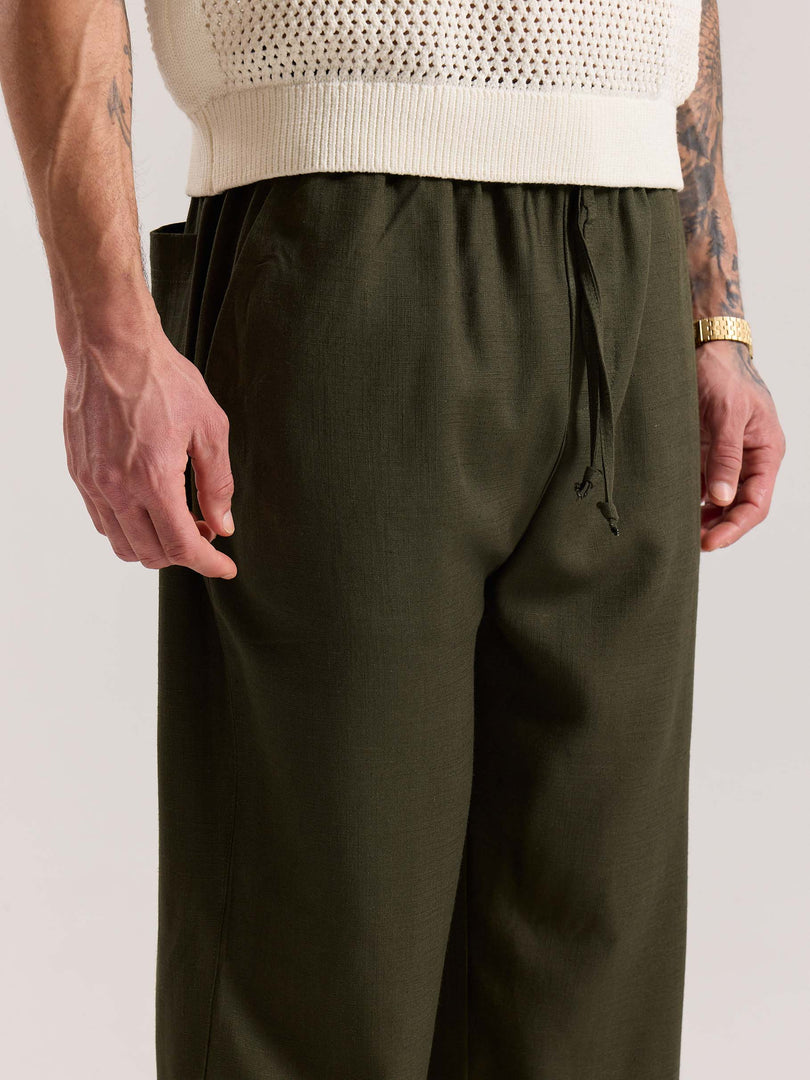 Olive Green Linen Pull-on Pants