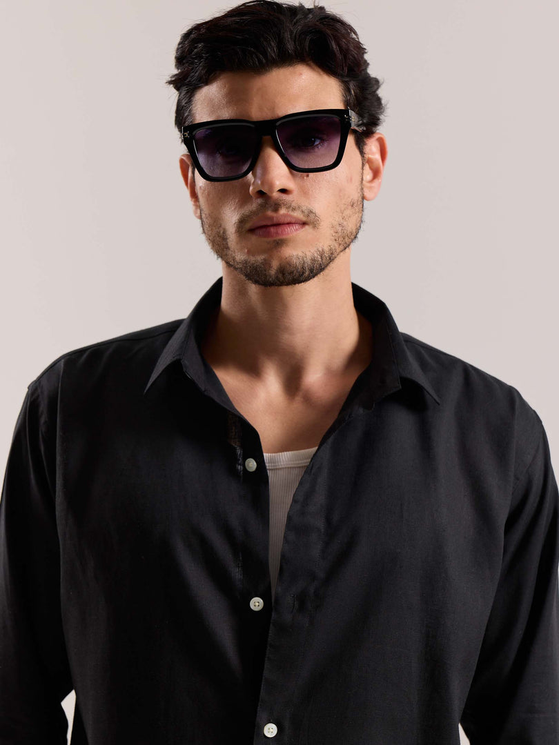 Black Linen-blend Shirt
