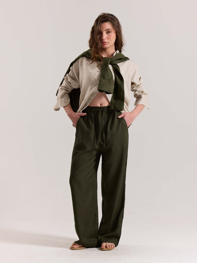 Olive Green Linen Pull-on Pants