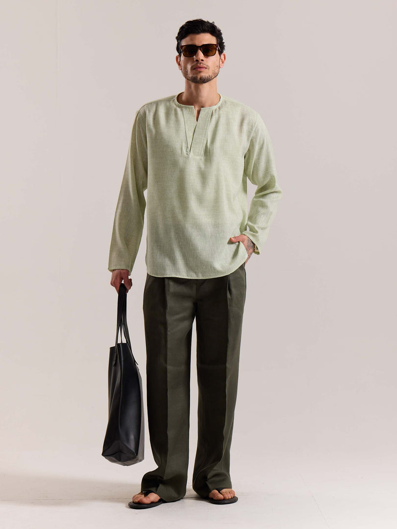 Green Textured Linen Pullover