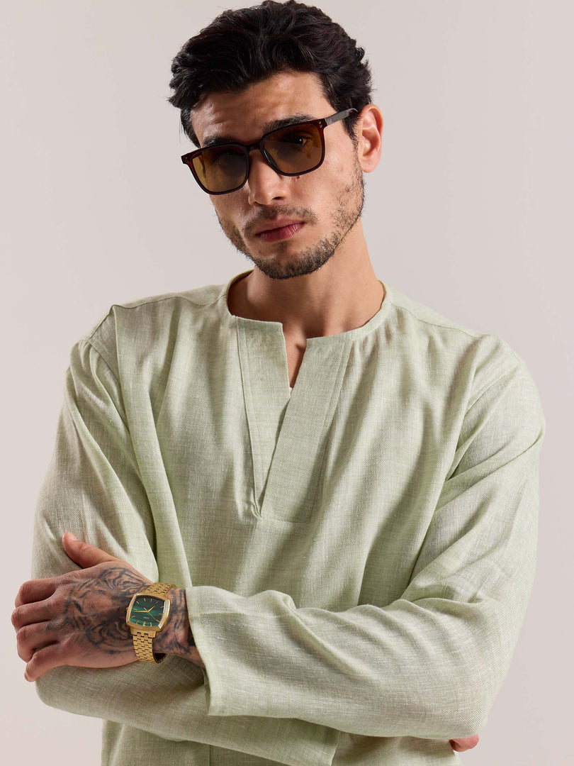 Green Textured Linen Pullover