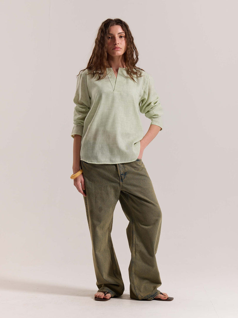 Green Textured Linen Pullover