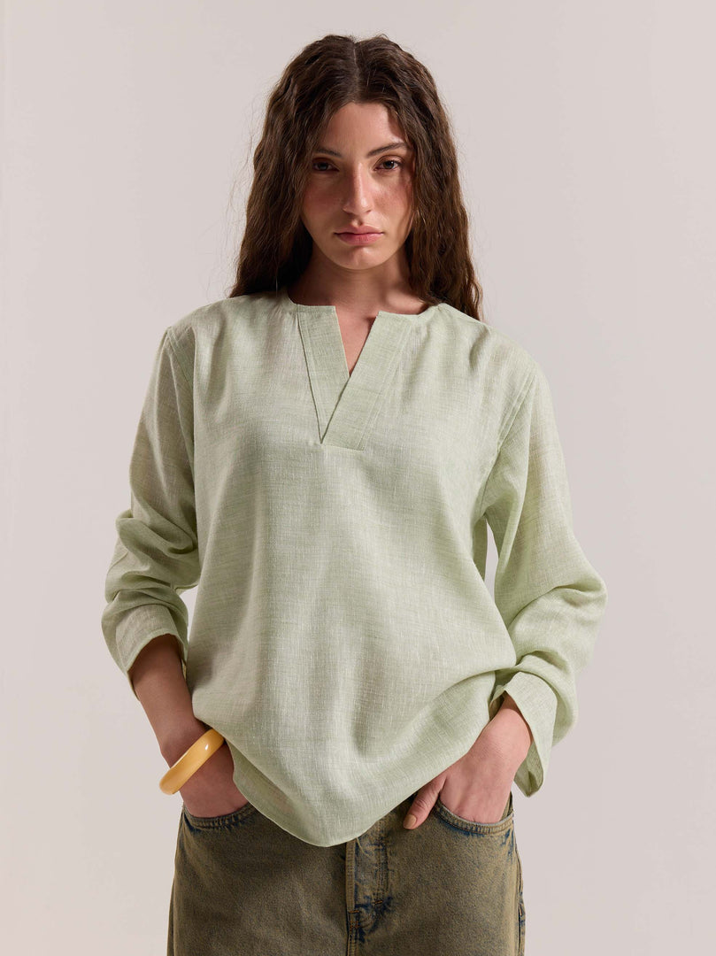 Green Textured Linen Pullover