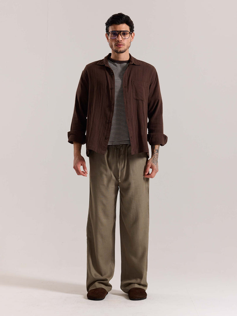 Khaki Green Linen Pull-on Pants