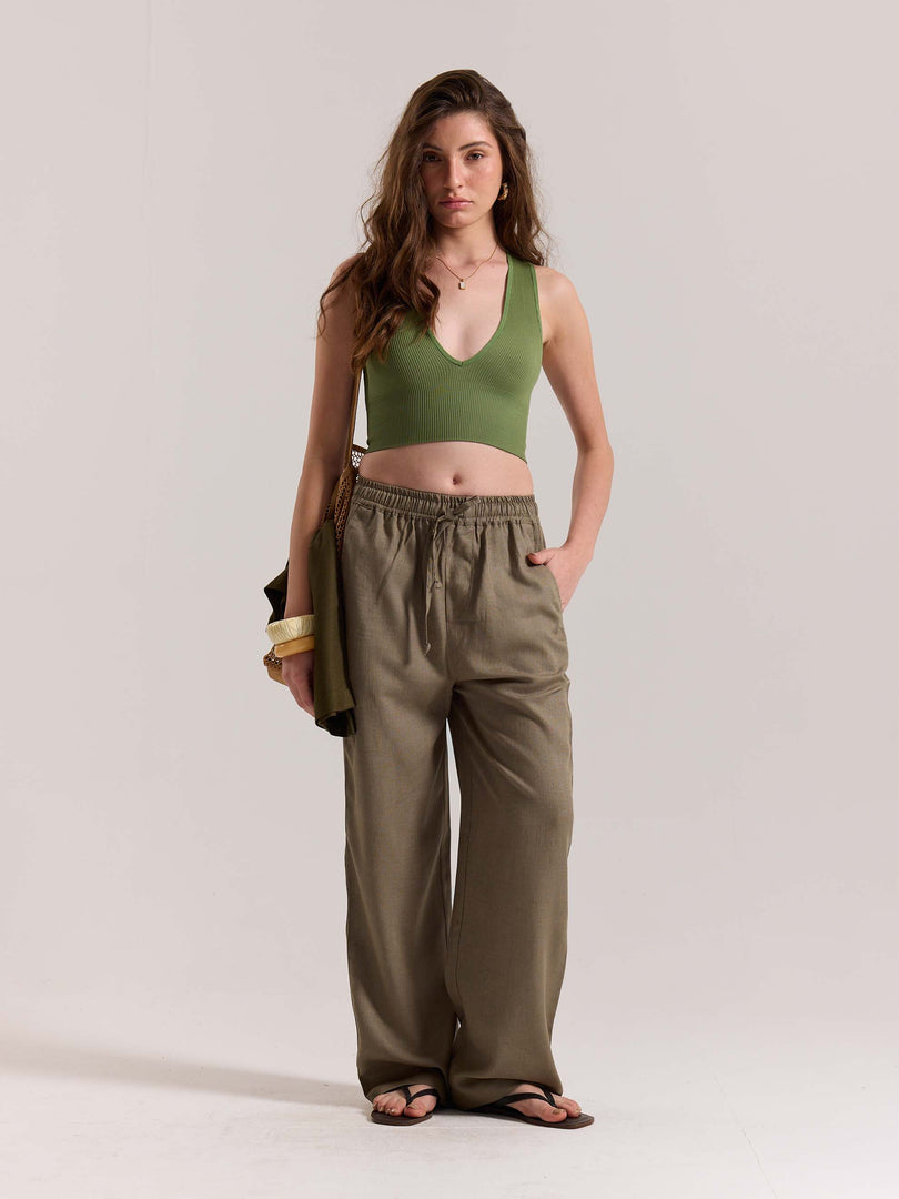 Khaki Green Linen Pull-on Pants