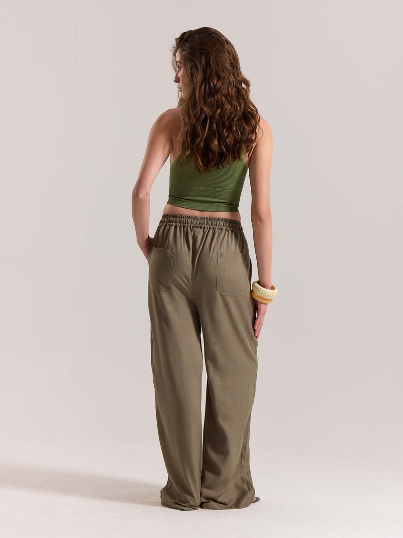 Khaki Green Linen Pull-on Pants