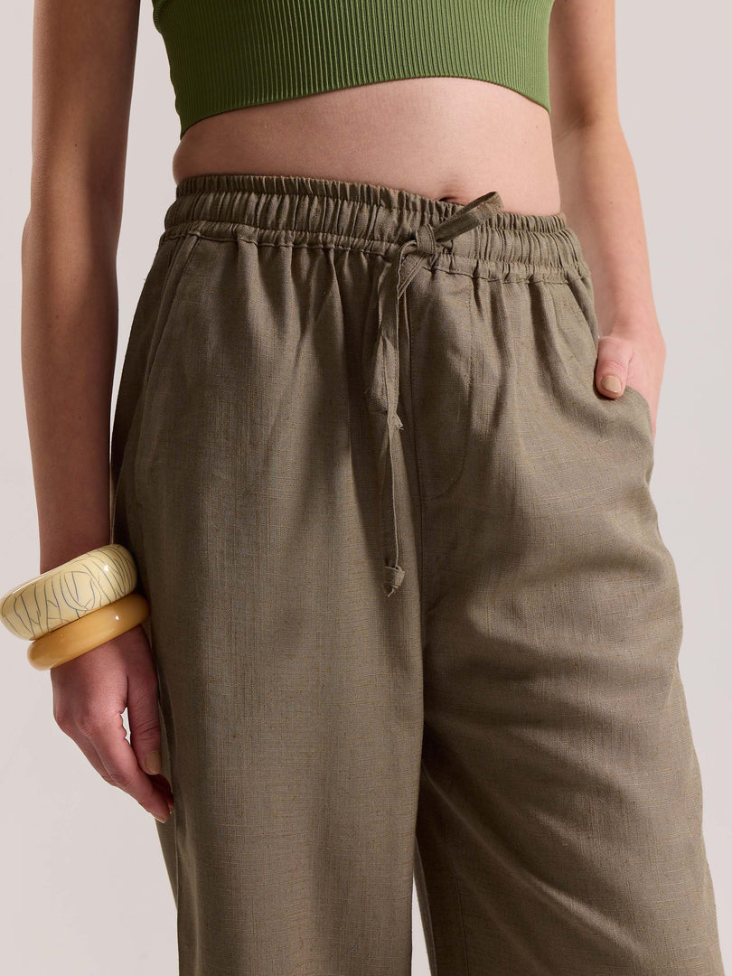Khaki Green Linen Pull-on Pants