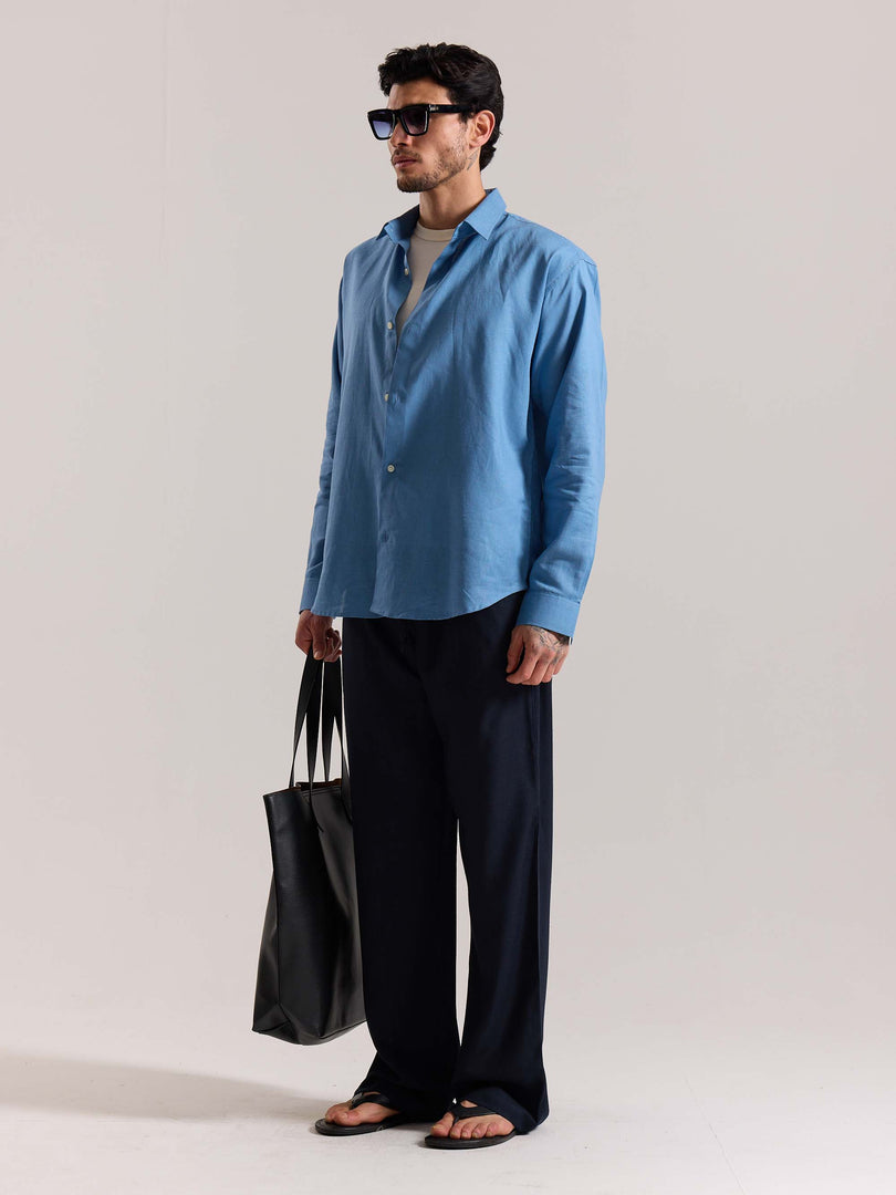 Navy Blue Linen Pull-on Pants