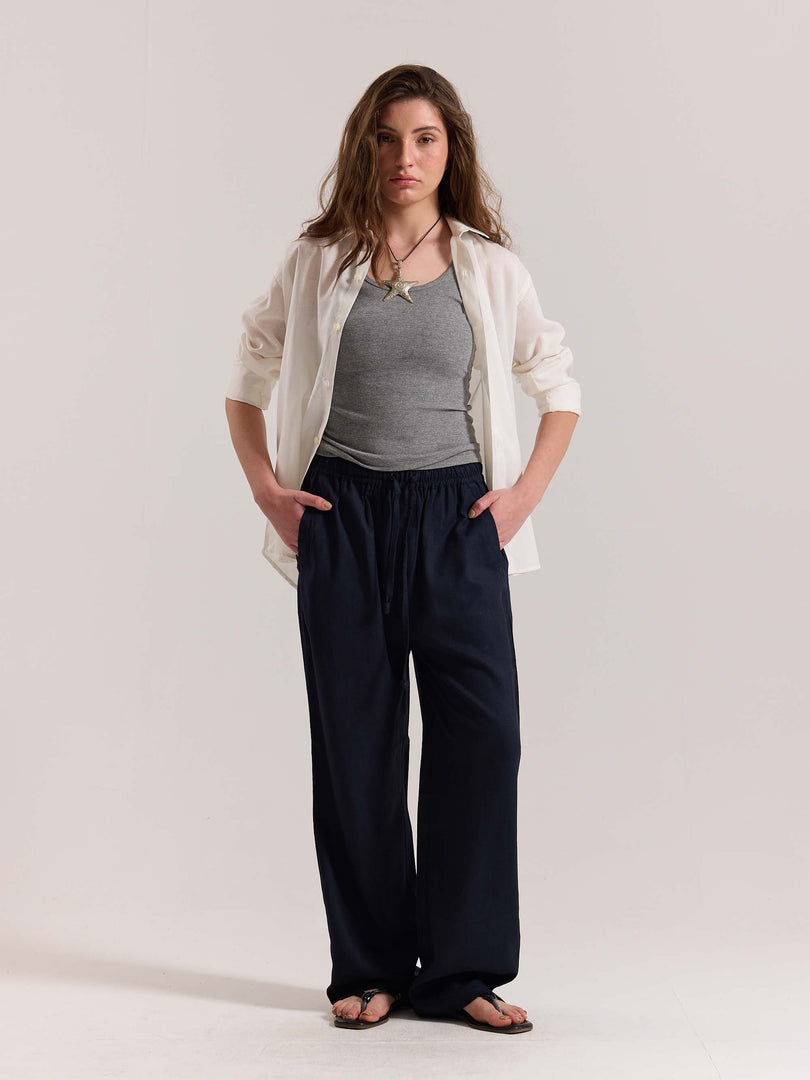 Navy Blue Linen Pull-on Pants
