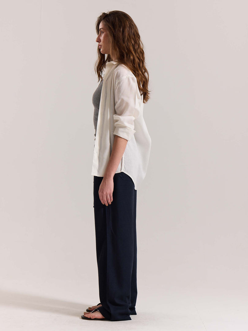 Navy Blue Linen Pull-on Pants