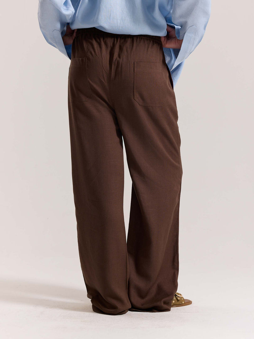 Dark Brown Linen Pull-on Pants