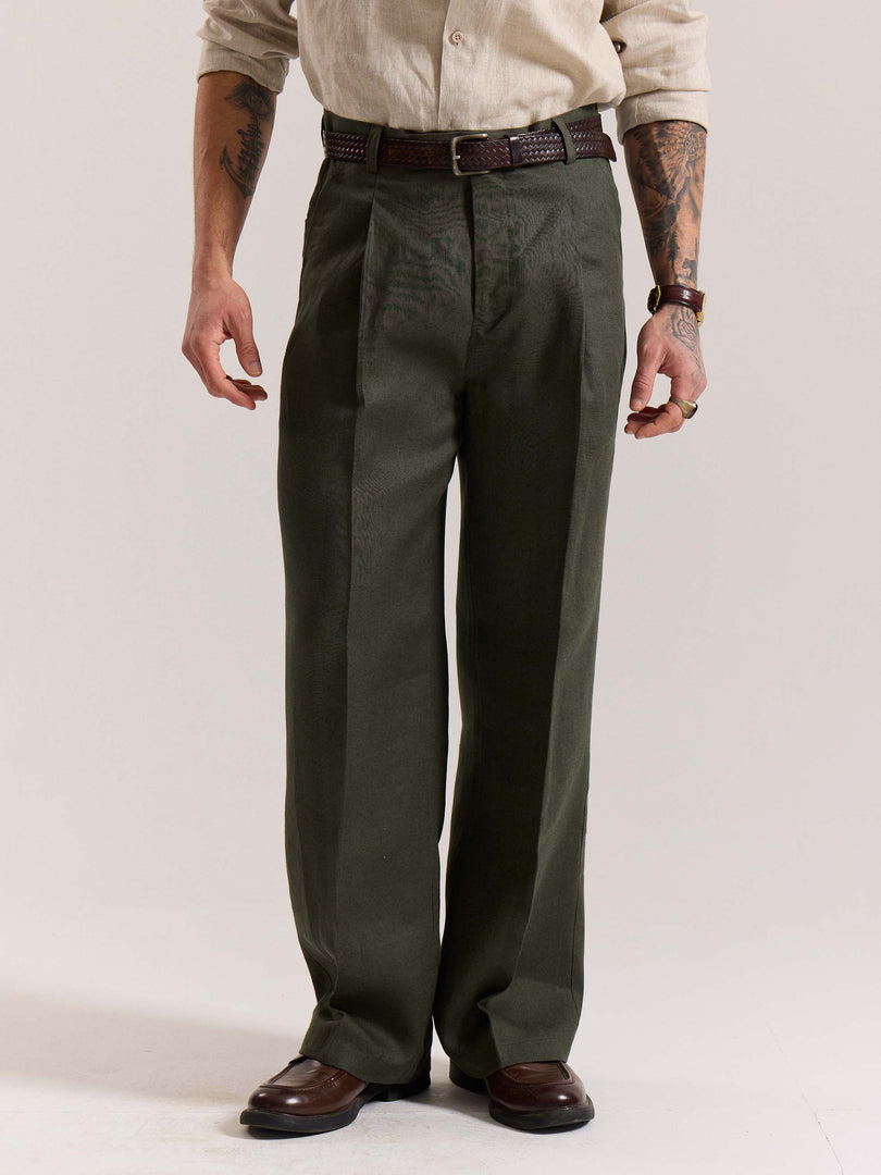 Dark Green Linen Baggy Fit Trousers