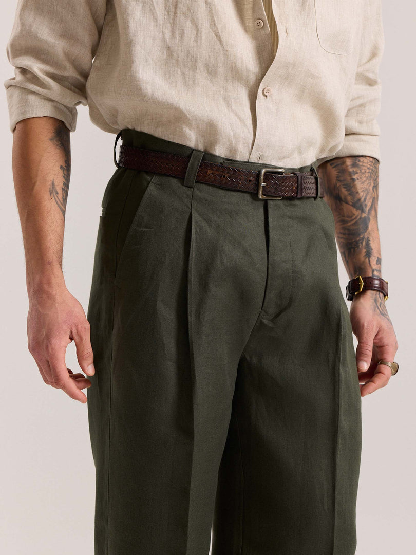 Dark Green Linen Baggy Fit Trousers