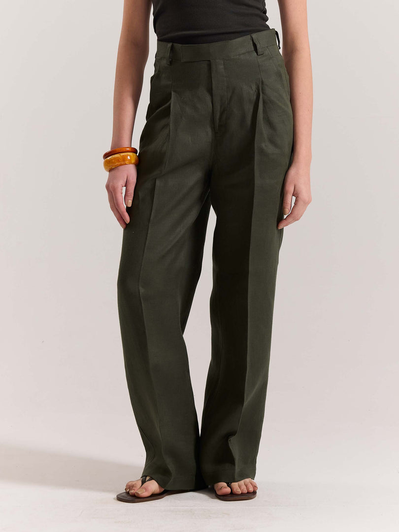 Dark Green Linen Baggy Fit Trousers