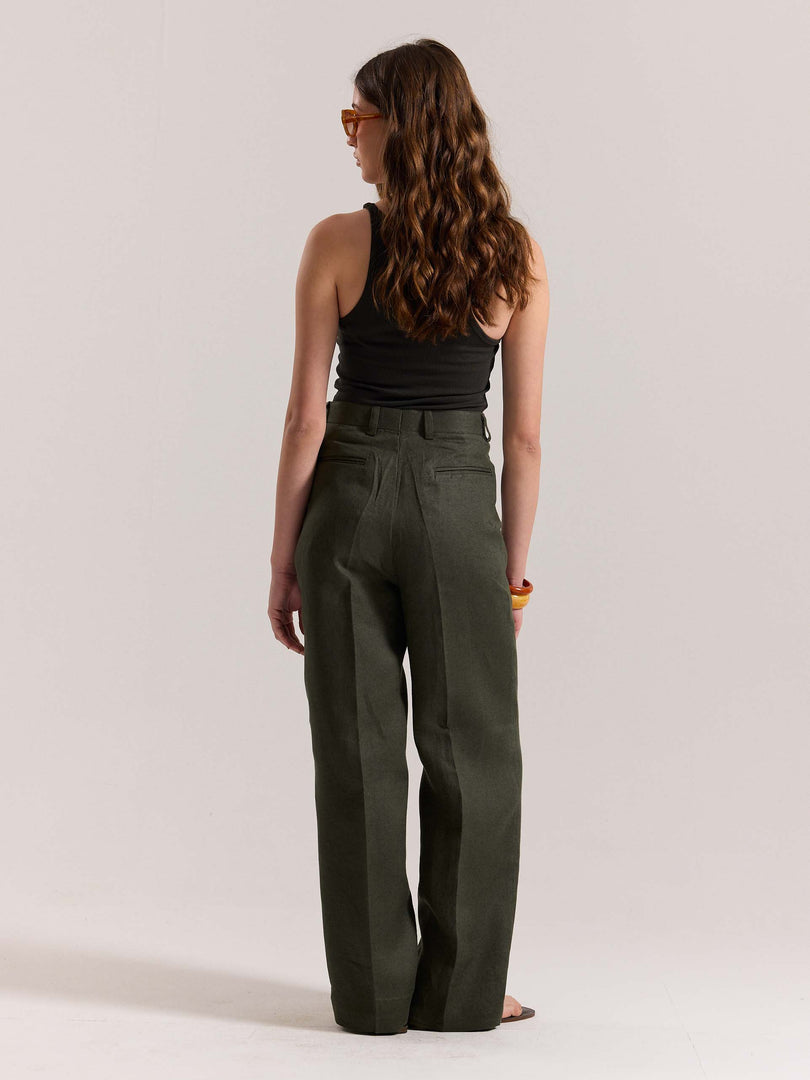 Dark Green Linen Baggy Fit Trousers