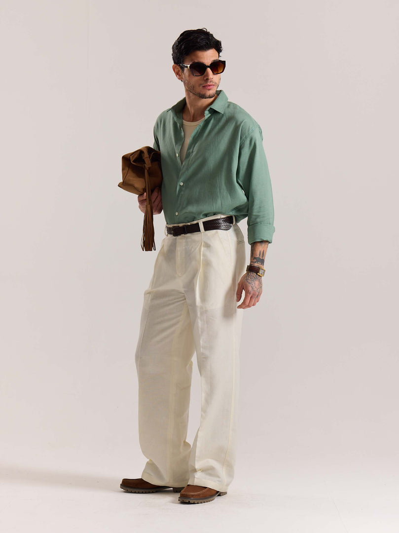 Cream Linen Baggy Fit Trousers