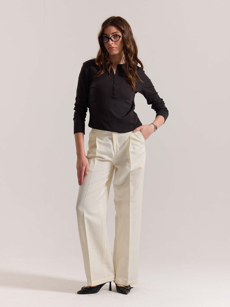 Cream Linen Baggy Fit Trousers