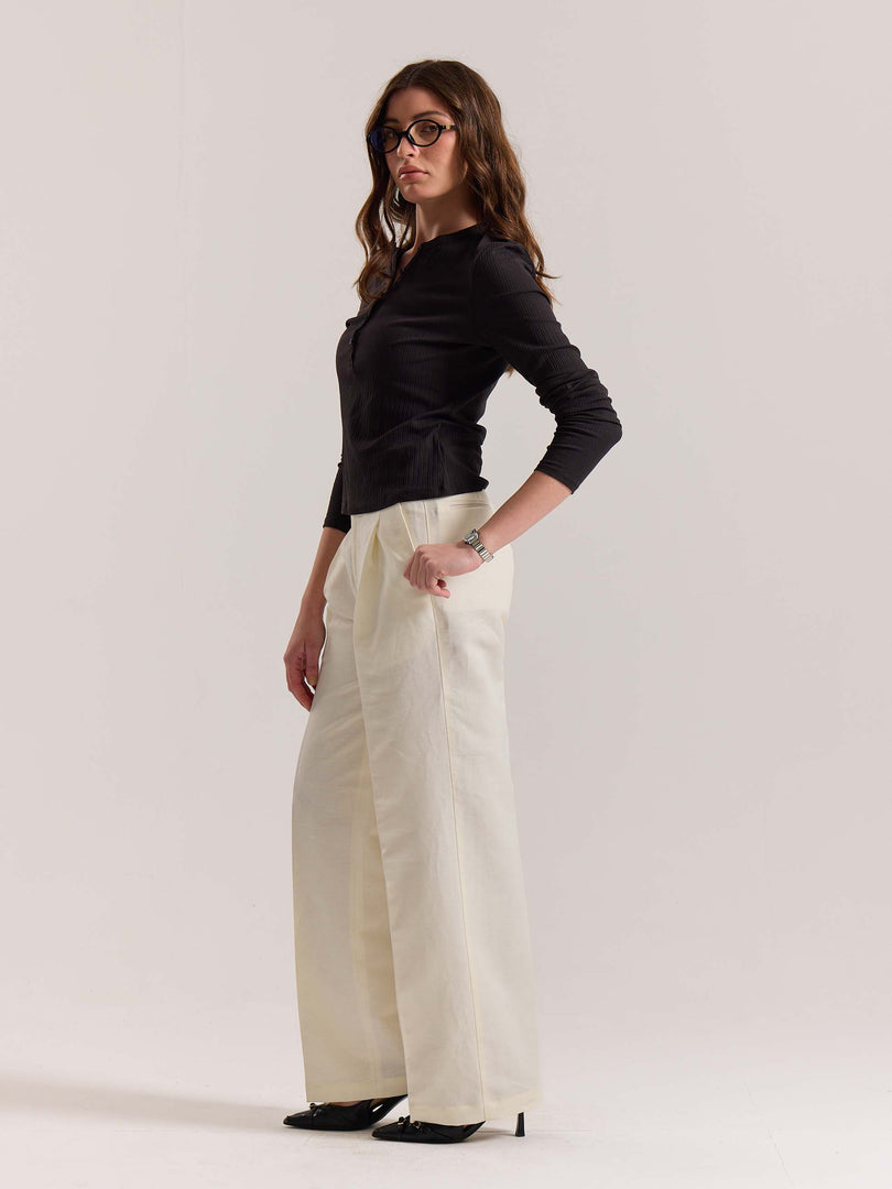 Cream Linen Baggy Fit Trousers