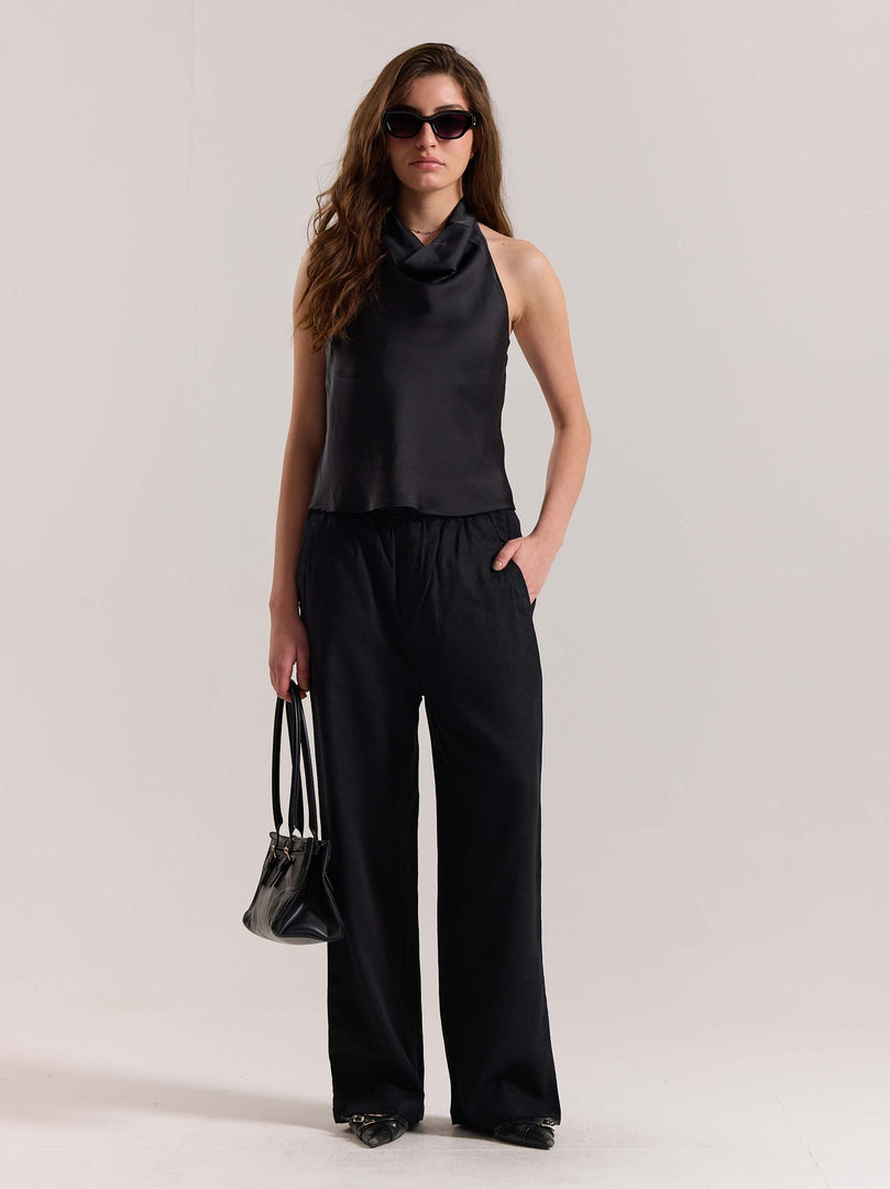 Black Linen Pull-on Pants (Pre-order)