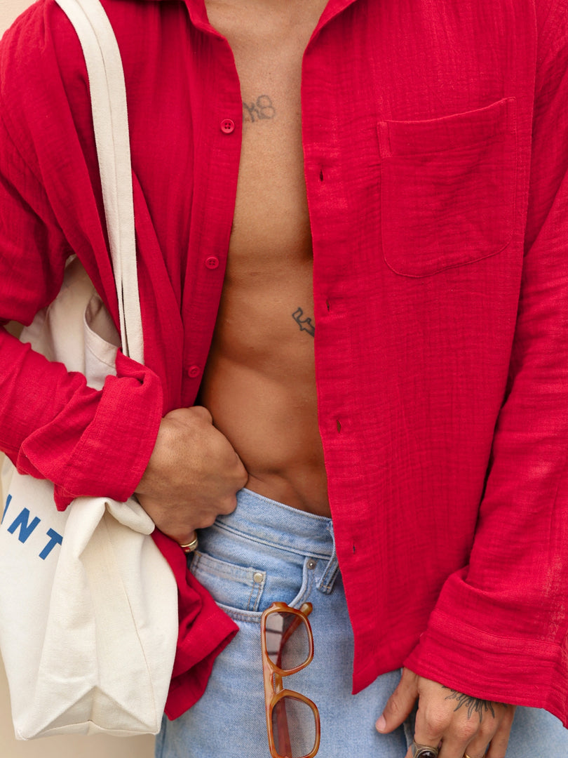 Cherry Red Gauze Holiday Shirt ( Pre-Order )