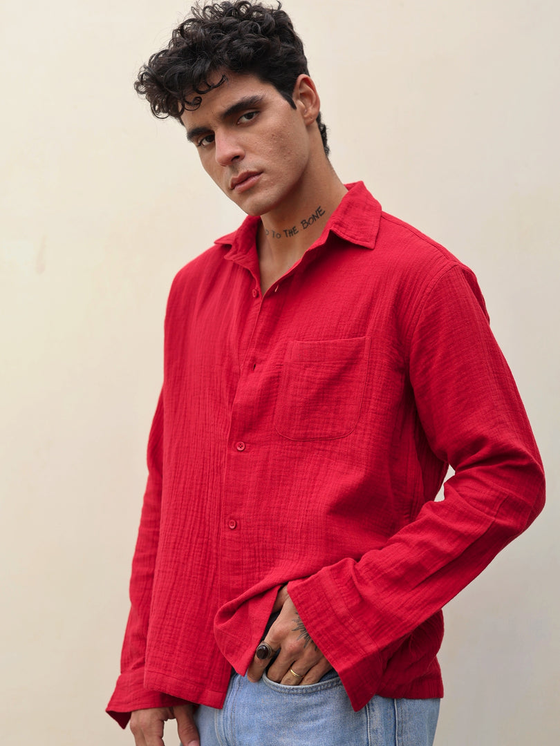 Cherry Red Gauze Holiday Shirt ( Pre-Order )