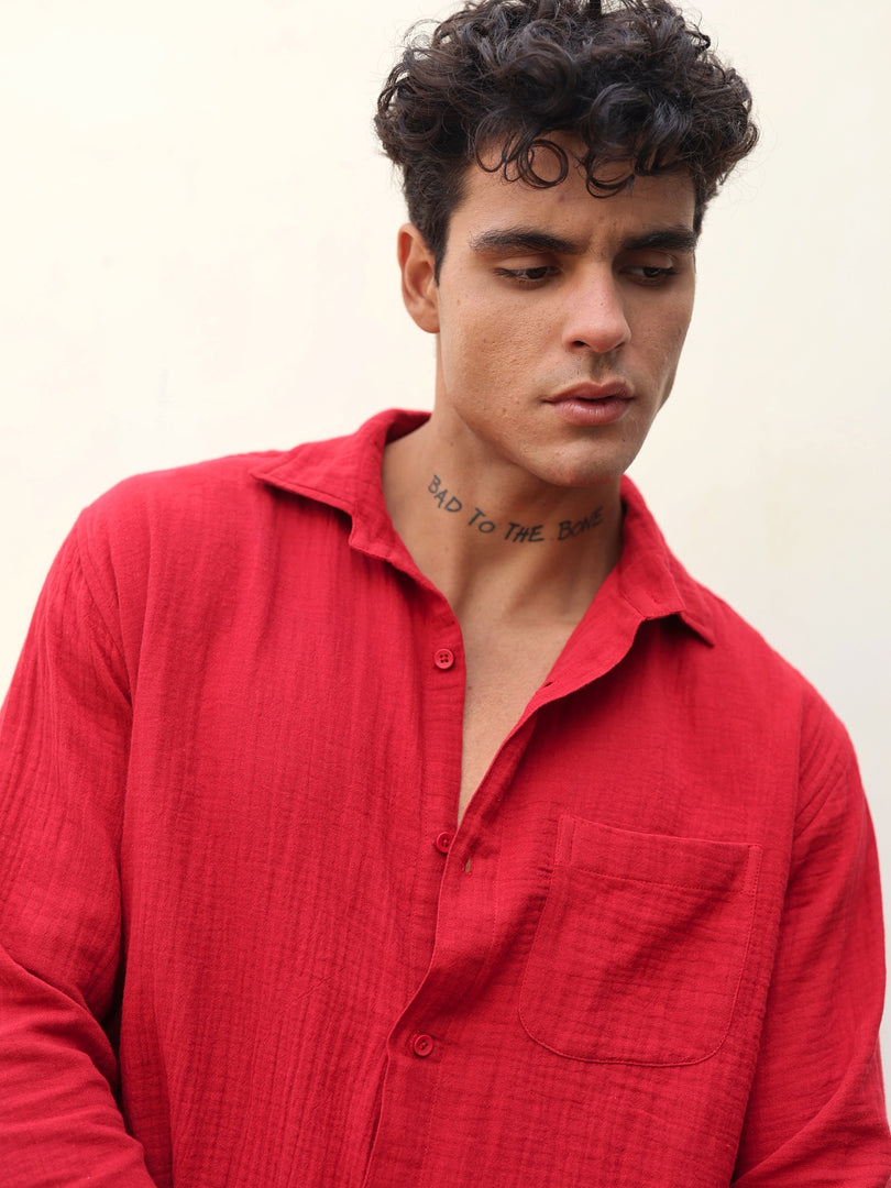 Cherry Red Gauze Holiday Shirt ( Pre-Order )