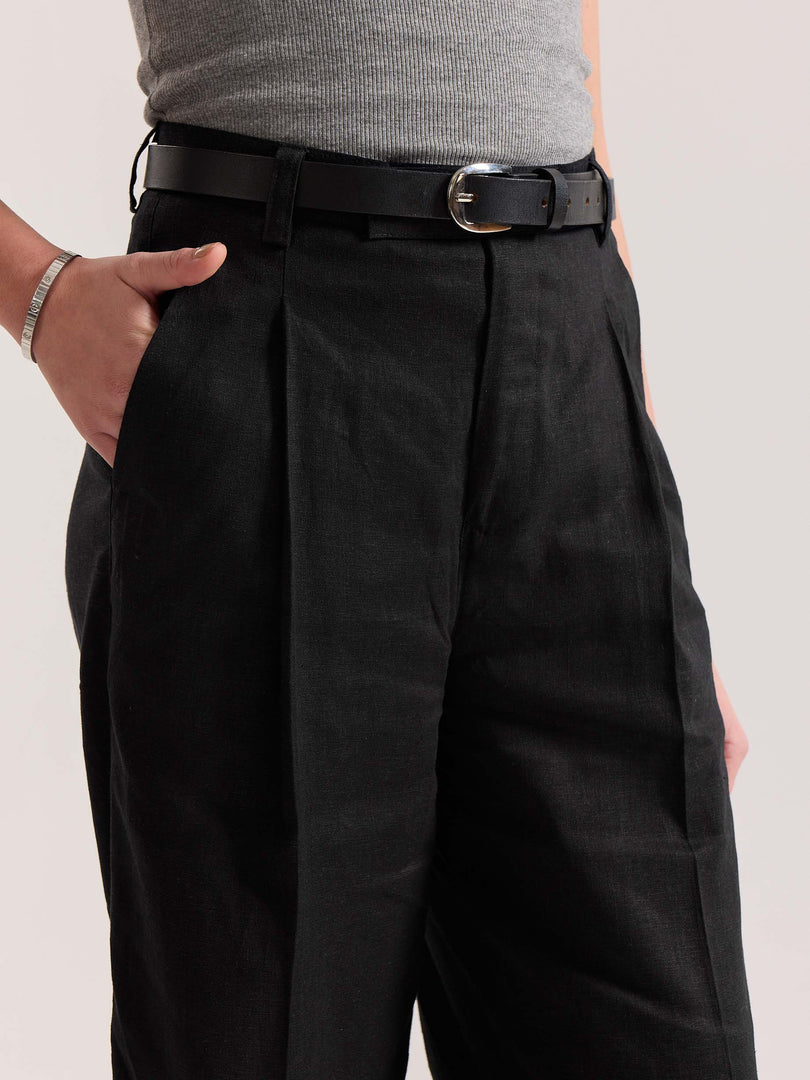 Black Linen Baggy Fit Trousers
