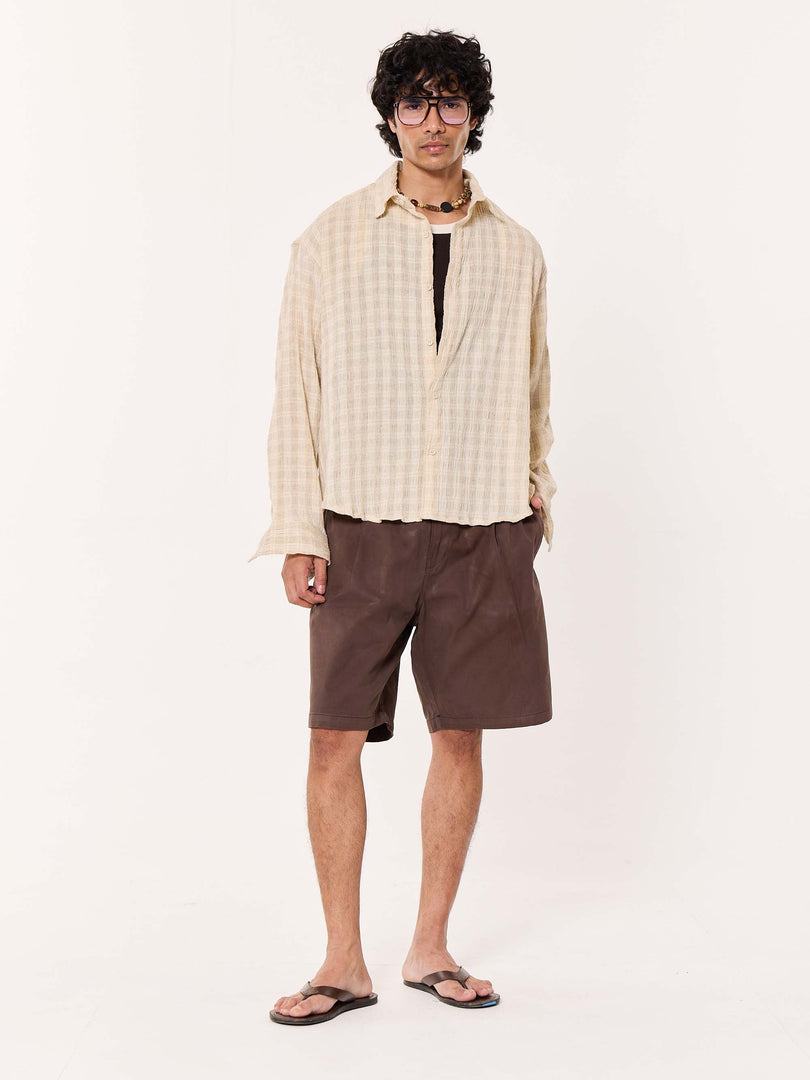 Light Beige Crinkled Checkered Cropped Shirt