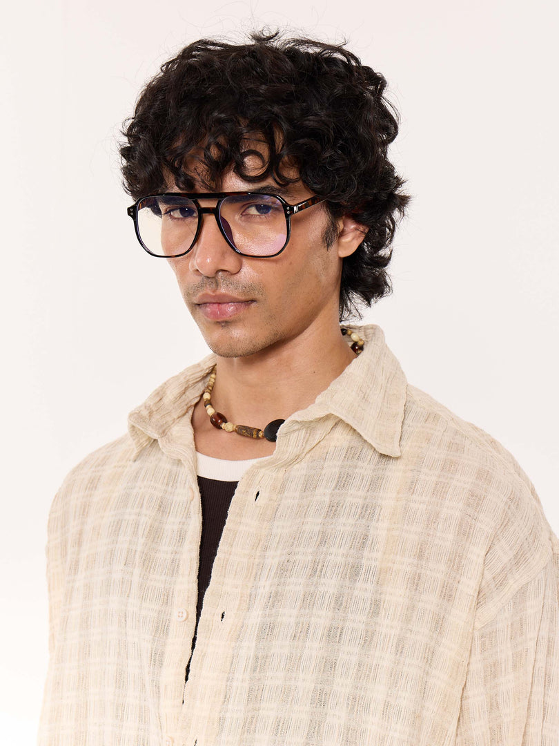 Light Beige Crinkled Checkered Cropped Shirt