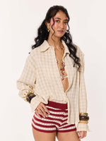 Load image into Gallery viewer, Light Beige Crinkled Checkered Cropped Shirt