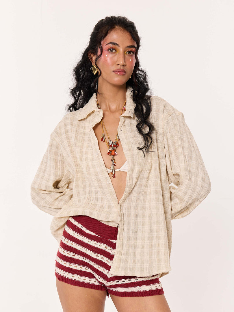 Light Beige Crinkled Checkered Cropped Shirt