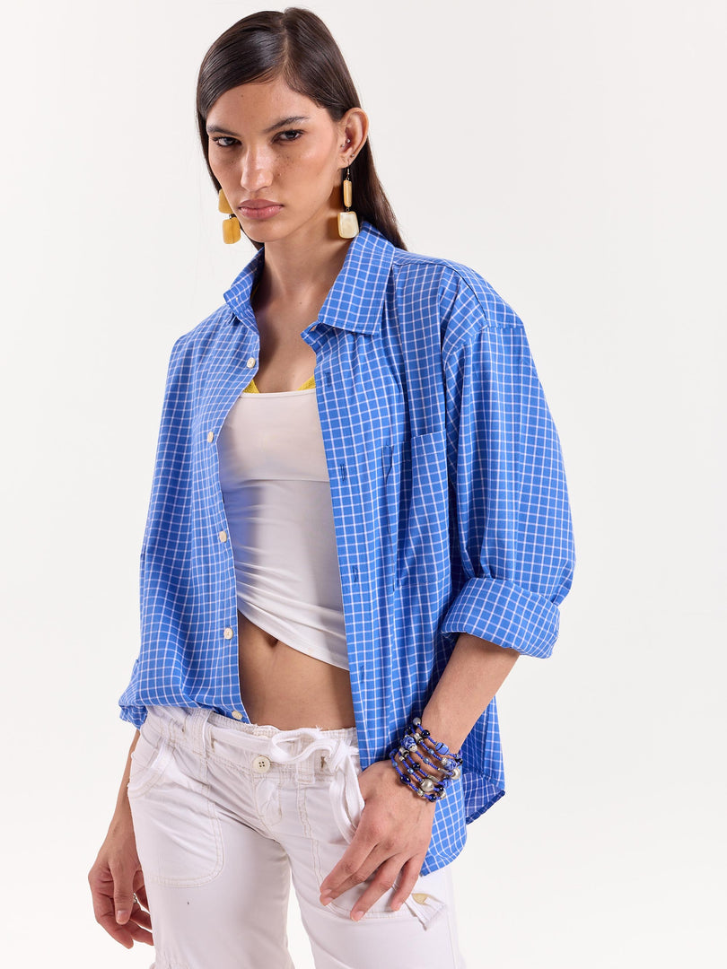 Light Blue Checkered Cropped Shirt