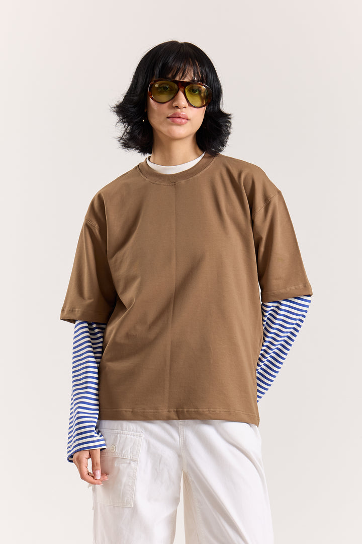 Light Brown Loose Fit Cropped T-Shirt