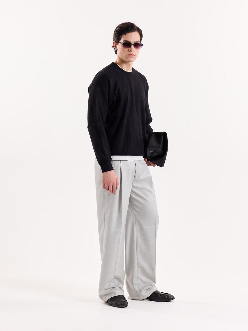 Light Grey Textured Baggy Fit Trousers