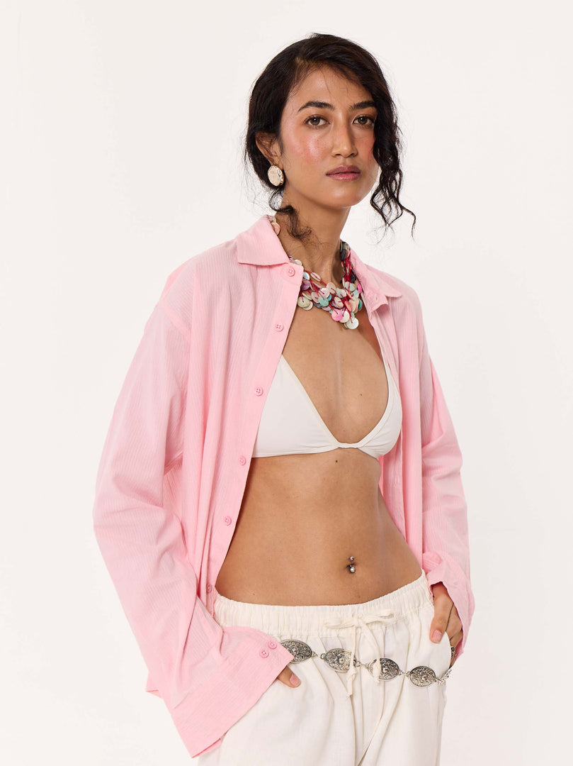 Light Pink Textured Cropped Shirt
