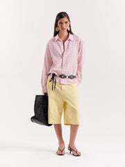 Light Pink & Green Seersucker Cropped Shirt