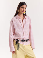 Load image into Gallery viewer, Light Pink &amp; Green Seersucker Cropped Shirt