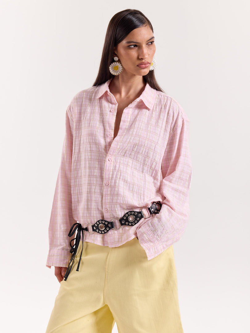 Light Pink & Green Seersucker Cropped Shirt