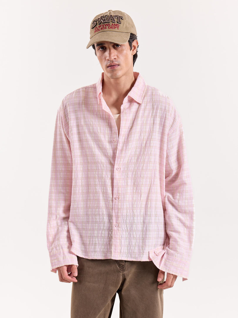 Light Pink & Green Seersucker Cropped Shirt
