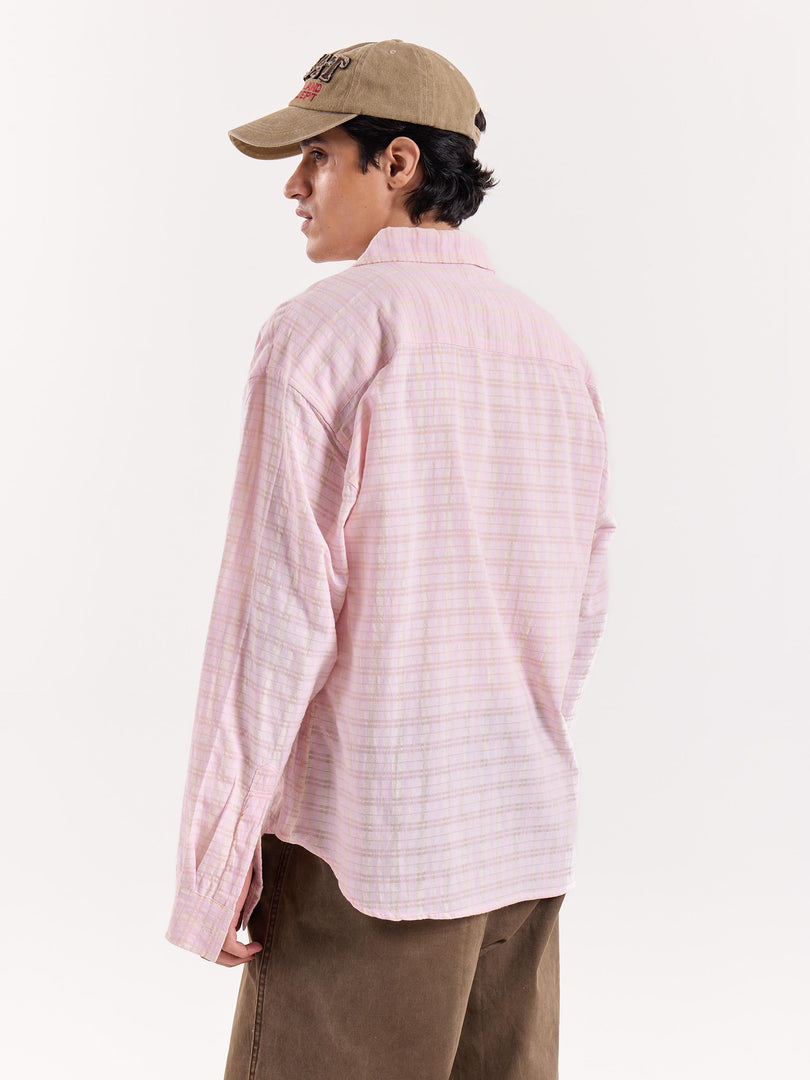 Light Pink & Green Seersucker Cropped Shirt