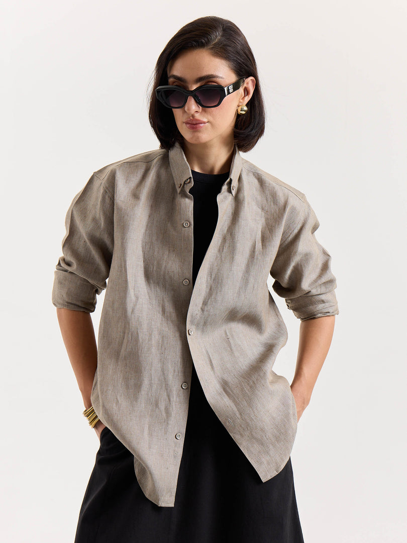 Light Taupe Striped Irish Linen Shirt
