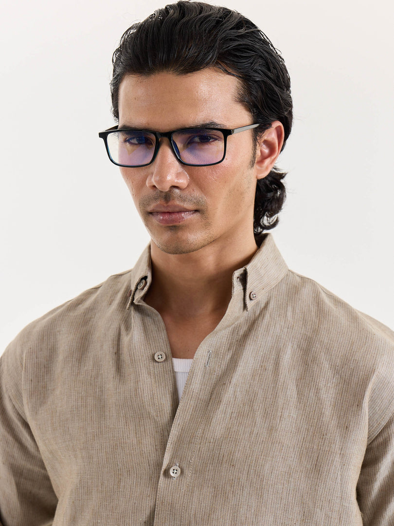 Light Taupe Striped Irish Linen Shirt