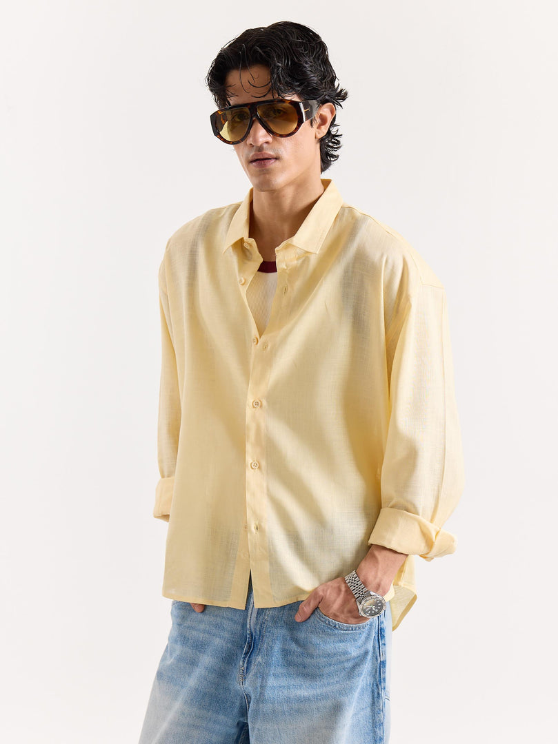 Light Yellow Linen Cropped Shirt