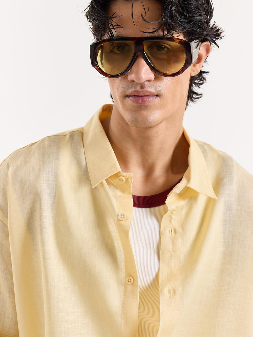 Light Yellow Linen Cropped Shirt