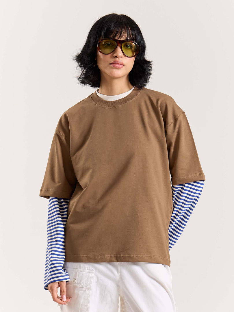 Light Brown Loose Fit Cropped T-Shirt