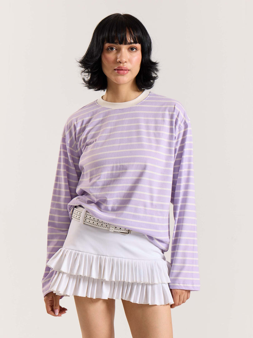 Lilac Striped Loose Fit Cropped T-Shirt