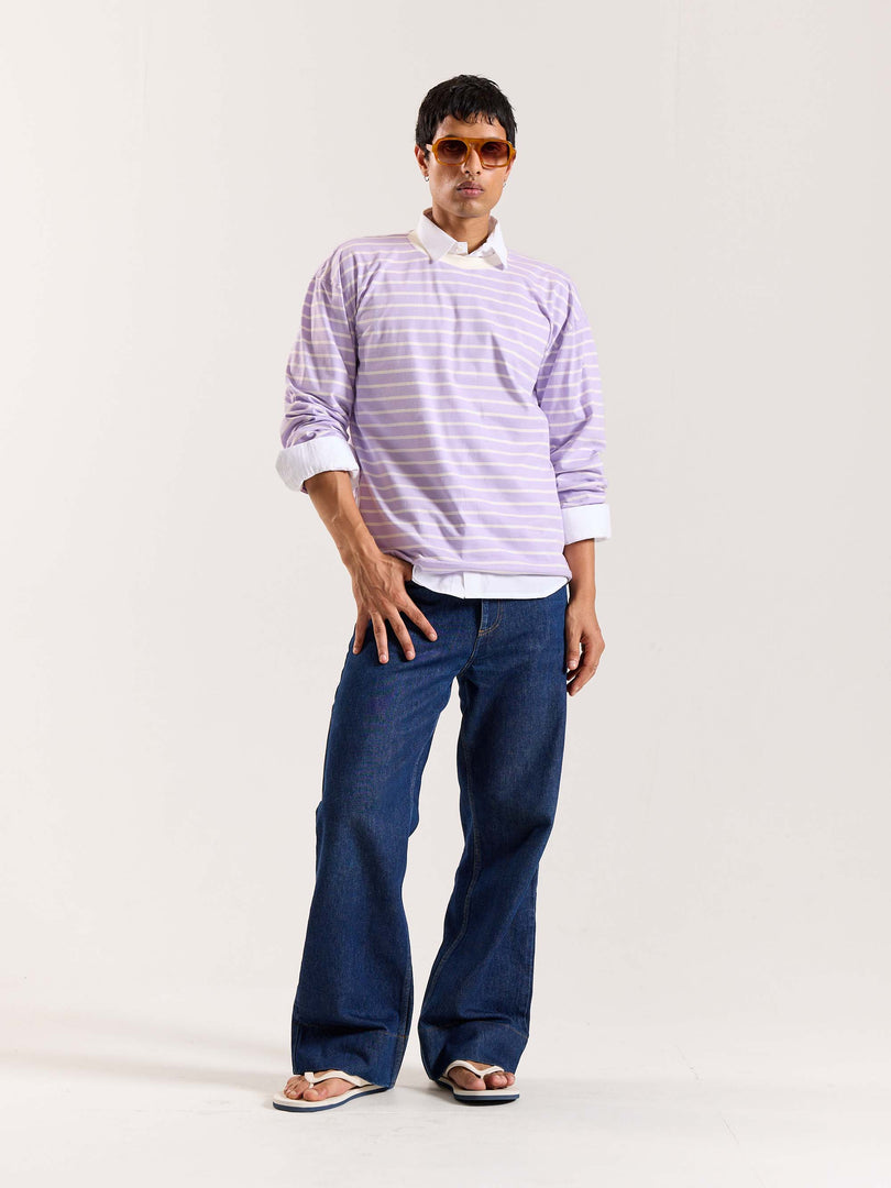 Lilac Striped Loose Fit Cropped T-Shirt