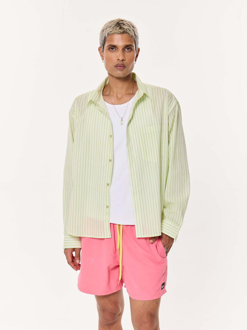 Melon Green Striped Oversized Cropped Shirt