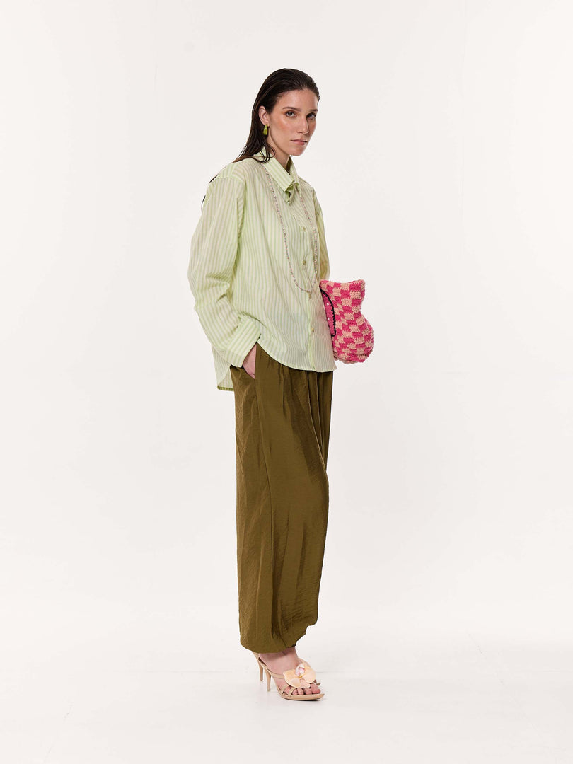 Melon Green Striped Oversized Cropped Shirt